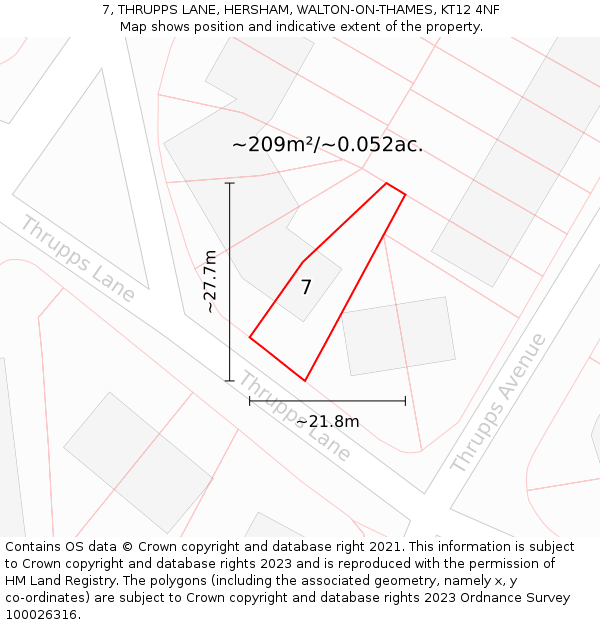 7, THRUPPS LANE, HERSHAM, WALTON-ON-THAMES, KT12 4NF: Plot and title map
