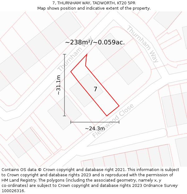 7, THURNHAM WAY, TADWORTH, KT20 5PR: Plot and title map