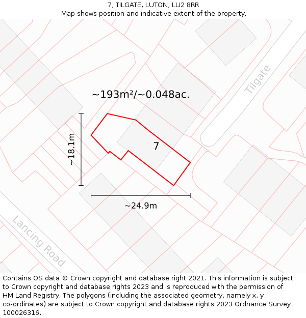 7, TILGATE, LUTON, LU2 8RR: Plot and title map