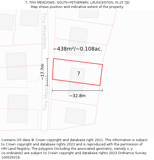 7, TINY MEADOWS, SOUTH PETHERWIN, LAUNCESTON, PL15 7JD: Plot and title map