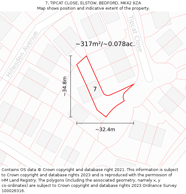 7, TIPCAT CLOSE, ELSTOW, BEDFORD, MK42 9ZA: Plot and title map