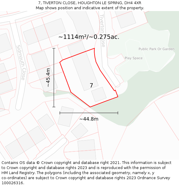 7, TIVERTON CLOSE, HOUGHTON LE SPRING, DH4 4XR: Plot and title map