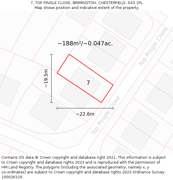 7, TOP PINGLE CLOSE, BRIMINGTON, CHESTERFIELD, S43 1PL: Plot and title map