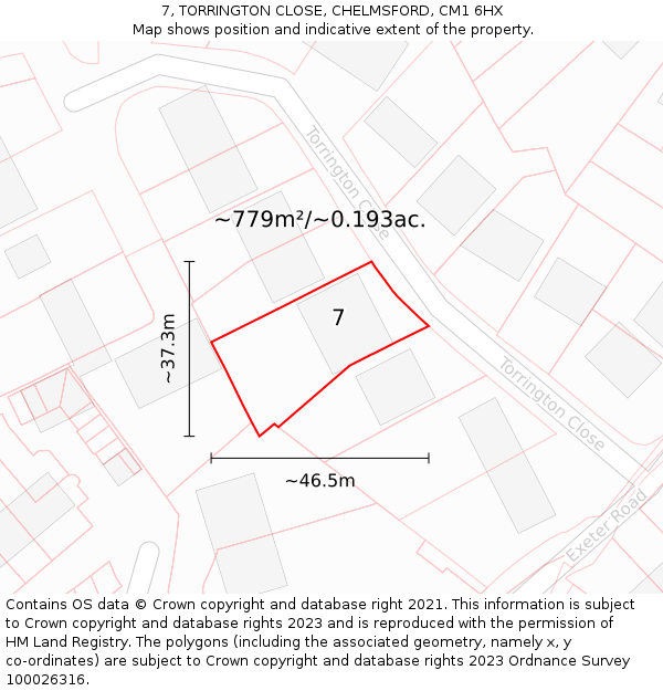 7, TORRINGTON CLOSE, CHELMSFORD, CM1 6HX: Plot and title map