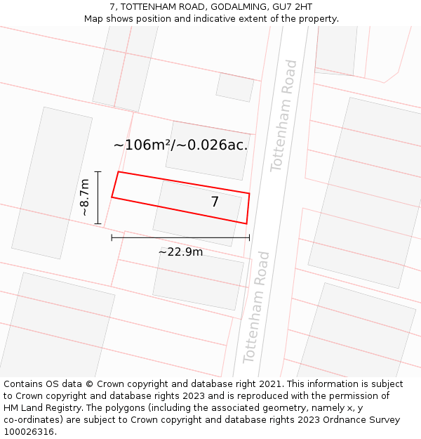 7, TOTTENHAM ROAD, GODALMING, GU7 2HT: Plot and title map