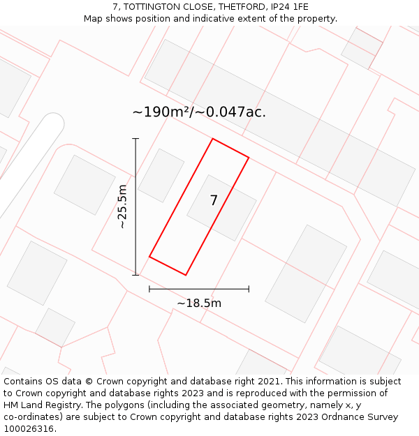 7, TOTTINGTON CLOSE, THETFORD, IP24 1FE: Plot and title map