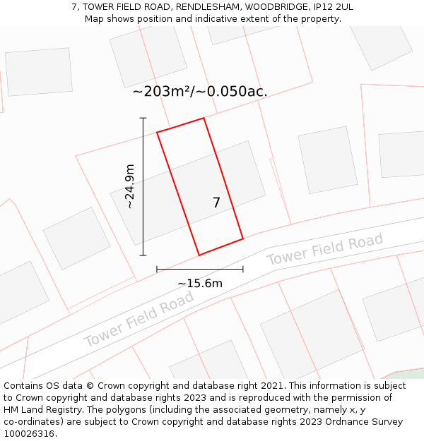 7, TOWER FIELD ROAD, RENDLESHAM, WOODBRIDGE, IP12 2UL: Plot and title map