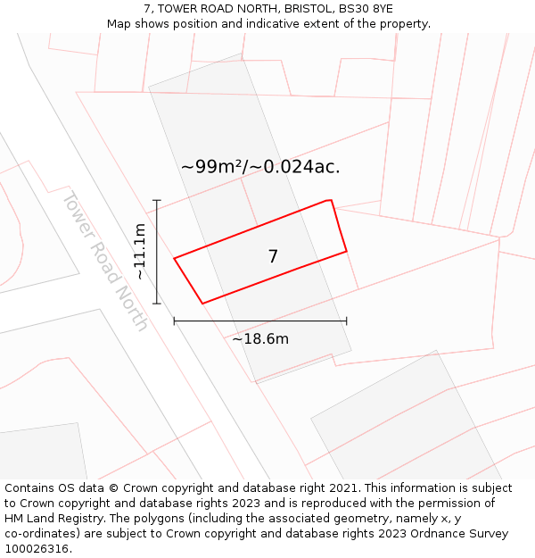 7, TOWER ROAD NORTH, BRISTOL, BS30 8YE: Plot and title map