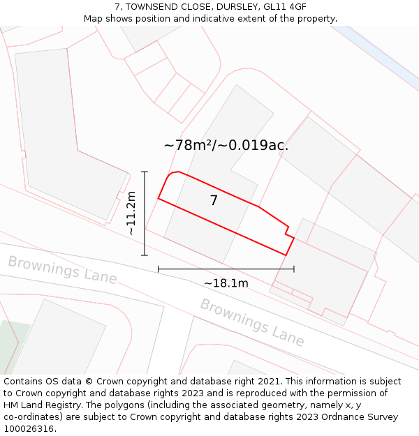 7, TOWNSEND CLOSE, DURSLEY, GL11 4GF: Plot and title map