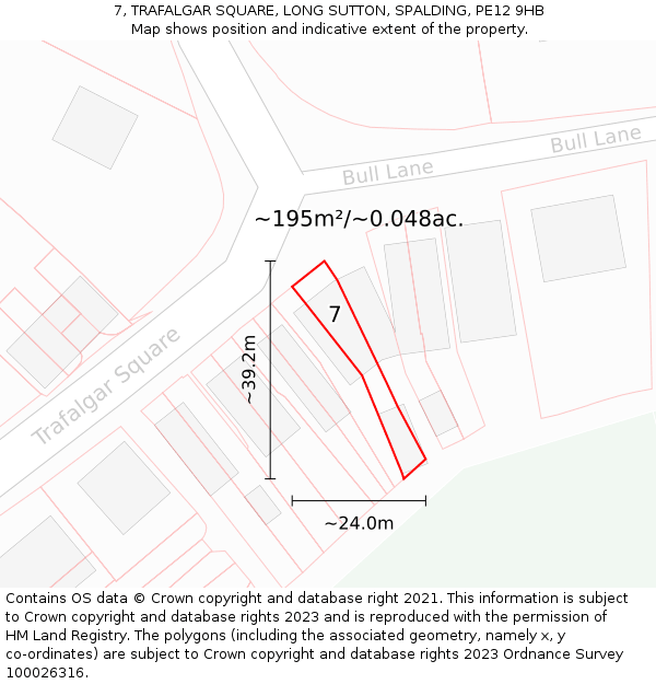 7, TRAFALGAR SQUARE, LONG SUTTON, SPALDING, PE12 9HB: Plot and title map