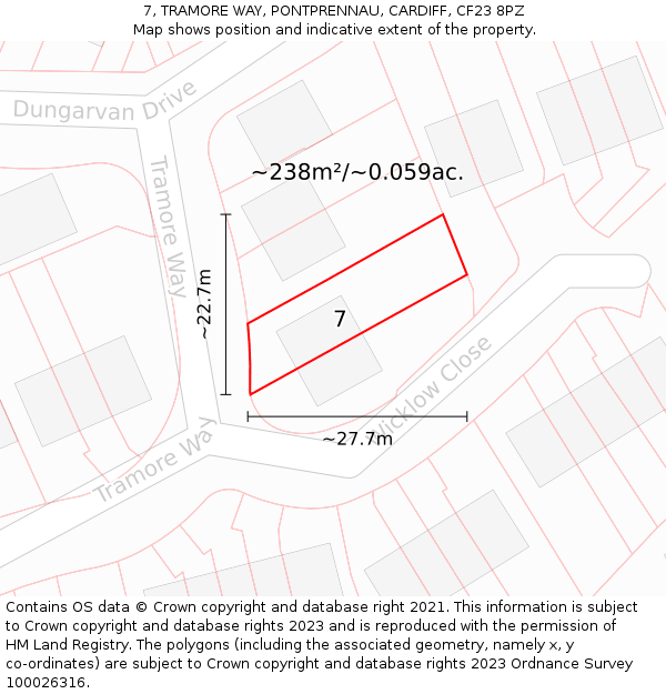 7, TRAMORE WAY, PONTPRENNAU, CARDIFF, CF23 8PZ: Plot and title map