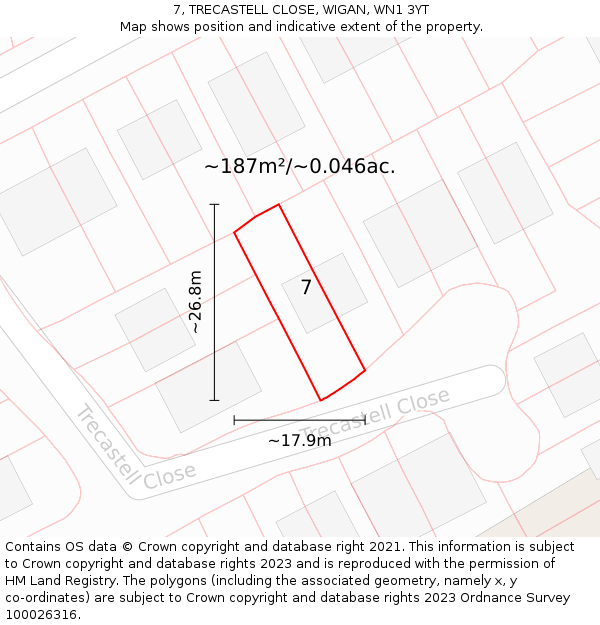 7, TRECASTELL CLOSE, WIGAN, WN1 3YT: Plot and title map