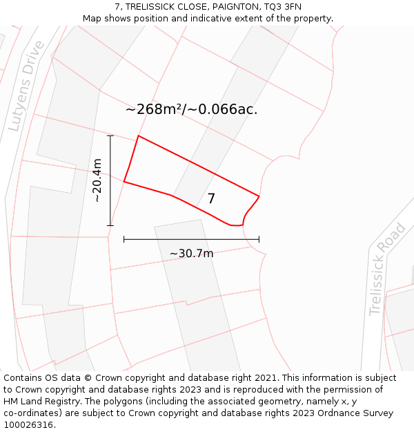 7, TRELISSICK CLOSE, PAIGNTON, TQ3 3FN: Plot and title map