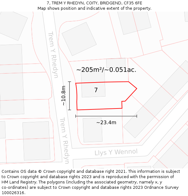 7, TREM Y RHEDYN, COITY, BRIDGEND, CF35 6FE: Plot and title map