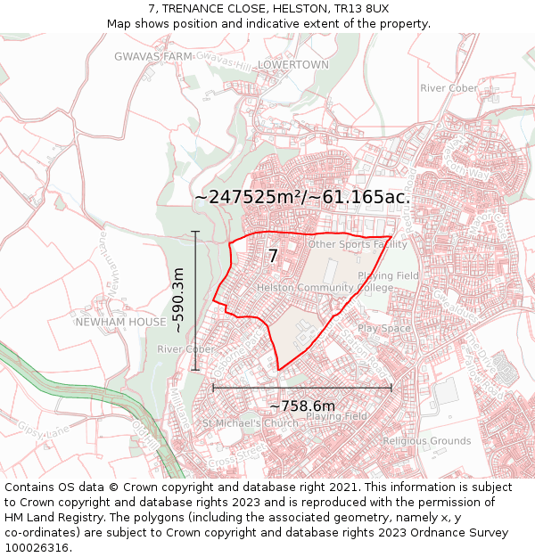 7, TRENANCE CLOSE, HELSTON, TR13 8UX: Plot and title map
