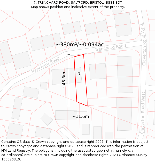 7, TRENCHARD ROAD, SALTFORD, BRISTOL, BS31 3DT: Plot and title map