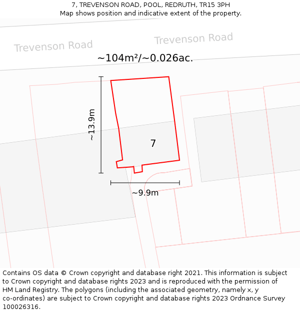 7, TREVENSON ROAD, POOL, REDRUTH, TR15 3PH: Plot and title map