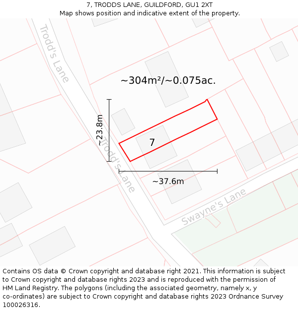 7, TRODDS LANE, GUILDFORD, GU1 2XT: Plot and title map