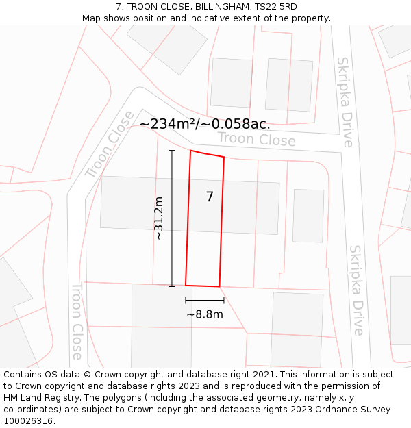 7, TROON CLOSE, BILLINGHAM, TS22 5RD: Plot and title map