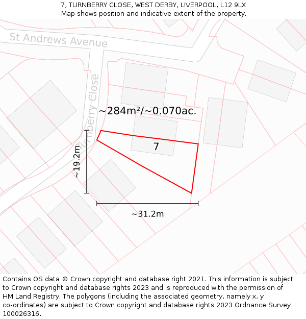 7, TURNBERRY CLOSE, WEST DERBY, LIVERPOOL, L12 9LX: Plot and title map