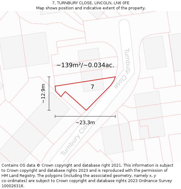 7, TURNBURY CLOSE, LINCOLN, LN6 0FE: Plot and title map