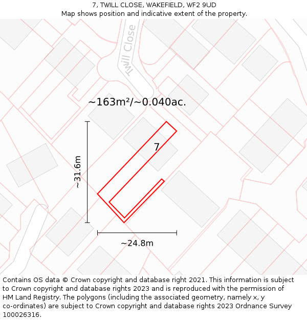 7, TWILL CLOSE, WAKEFIELD, WF2 9UD: Plot and title map