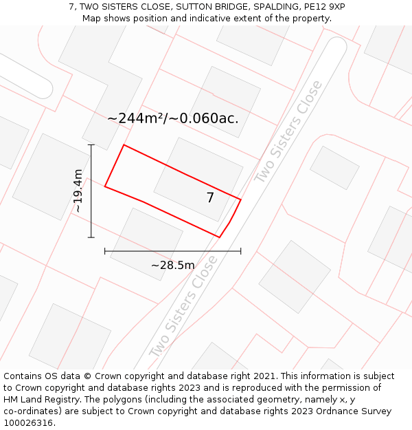 7, TWO SISTERS CLOSE, SUTTON BRIDGE, SPALDING, PE12 9XP: Plot and title map