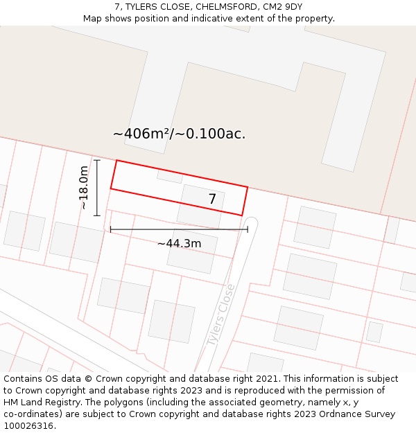 7, TYLERS CLOSE, CHELMSFORD, CM2 9DY: Plot and title map