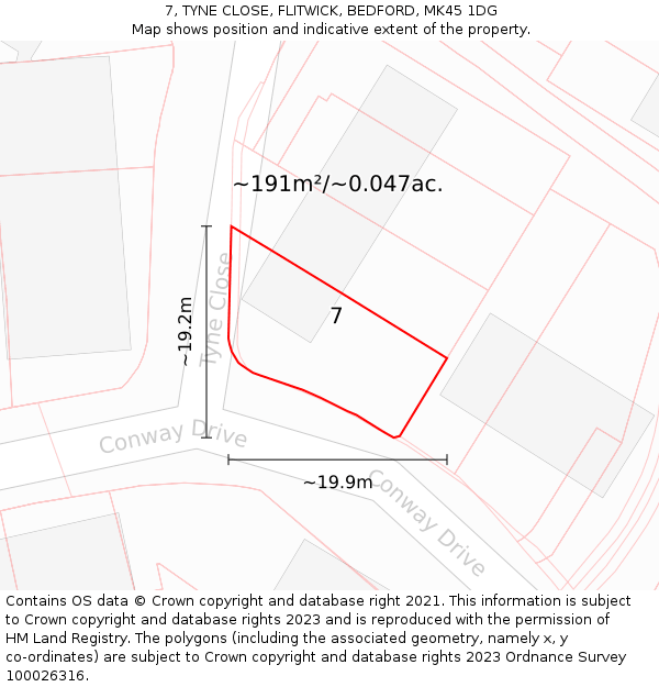 7, TYNE CLOSE, FLITWICK, BEDFORD, MK45 1DG: Plot and title map