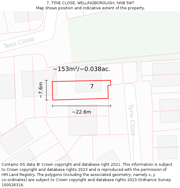 7, TYNE CLOSE, WELLINGBOROUGH, NN8 5WT: Plot and title map