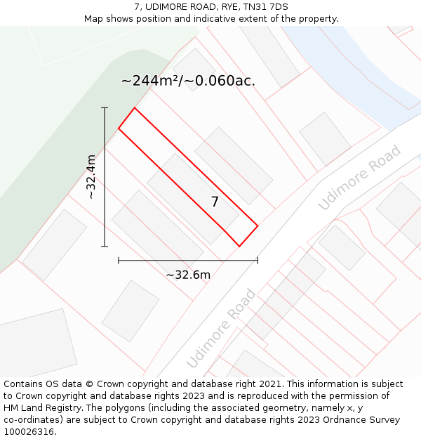 7, UDIMORE ROAD, RYE, TN31 7DS: Plot and title map