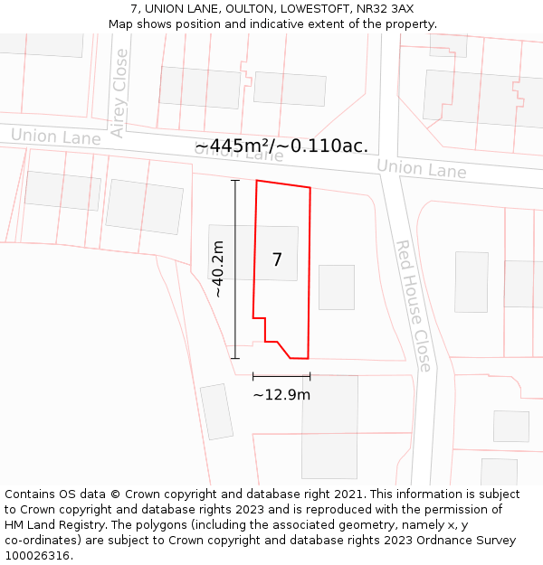 7, UNION LANE, OULTON, LOWESTOFT, NR32 3AX: Plot and title map