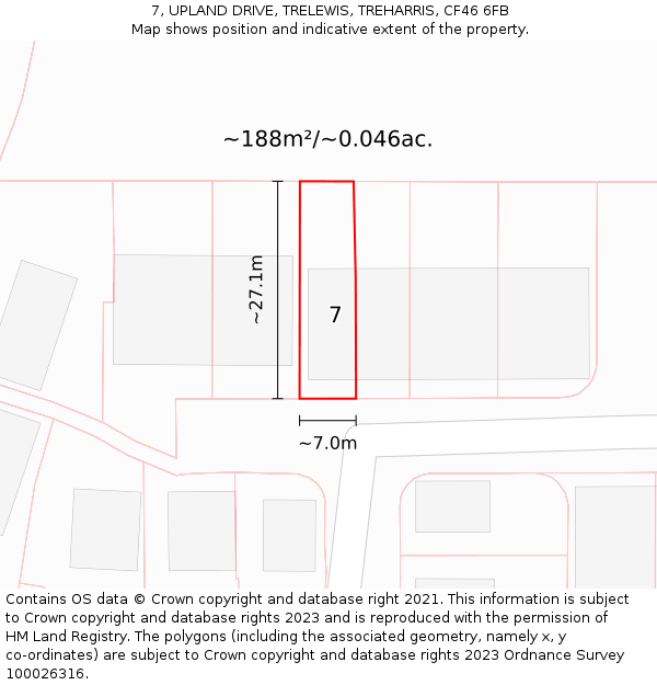 7, UPLAND DRIVE, TRELEWIS, TREHARRIS, CF46 6FB: Plot and title map