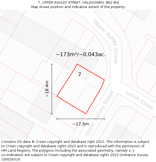 7, UPPER ASHLEY STREET, HALESOWEN, B62 8HJ: Plot and title map