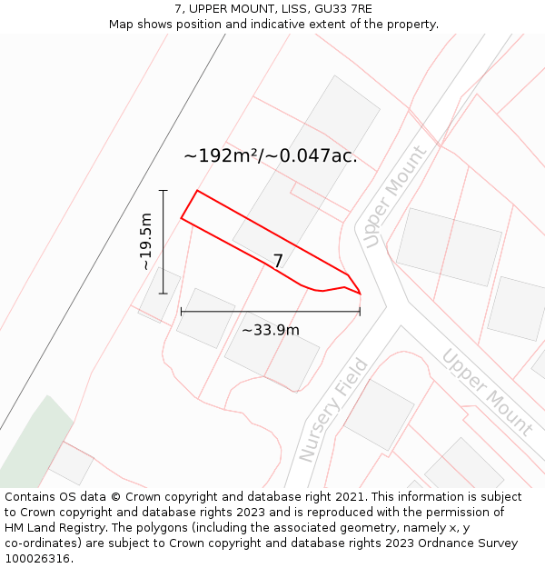 7, UPPER MOUNT, LISS, GU33 7RE: Plot and title map