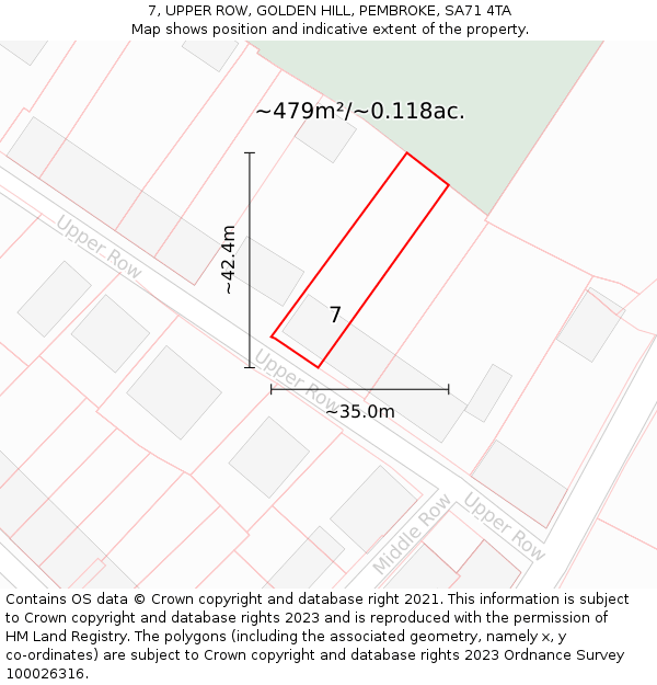 7, UPPER ROW, GOLDEN HILL, PEMBROKE, SA71 4TA: Plot and title map
