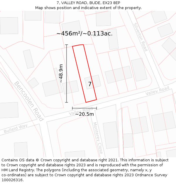 7, VALLEY ROAD, BUDE, EX23 8EP: Plot and title map
