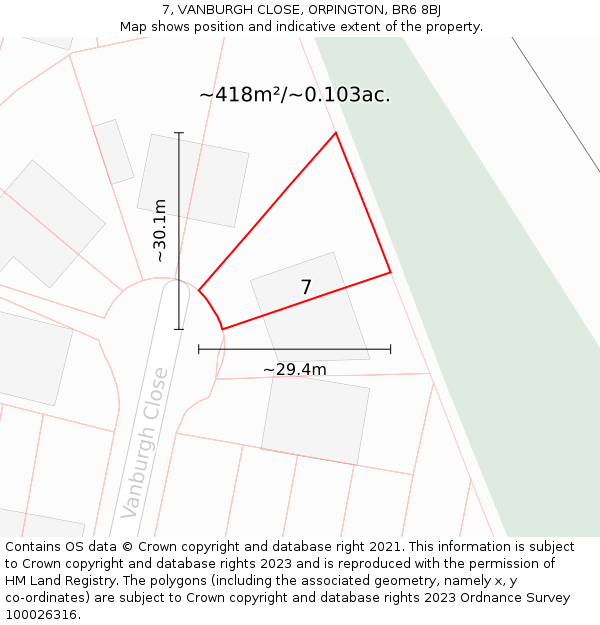7, VANBURGH CLOSE, ORPINGTON, BR6 8BJ: Plot and title map