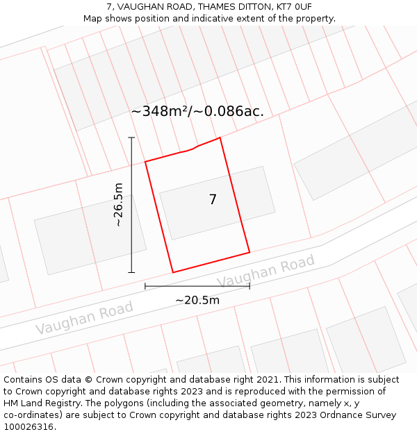 7, VAUGHAN ROAD, THAMES DITTON, KT7 0UF: Plot and title map
