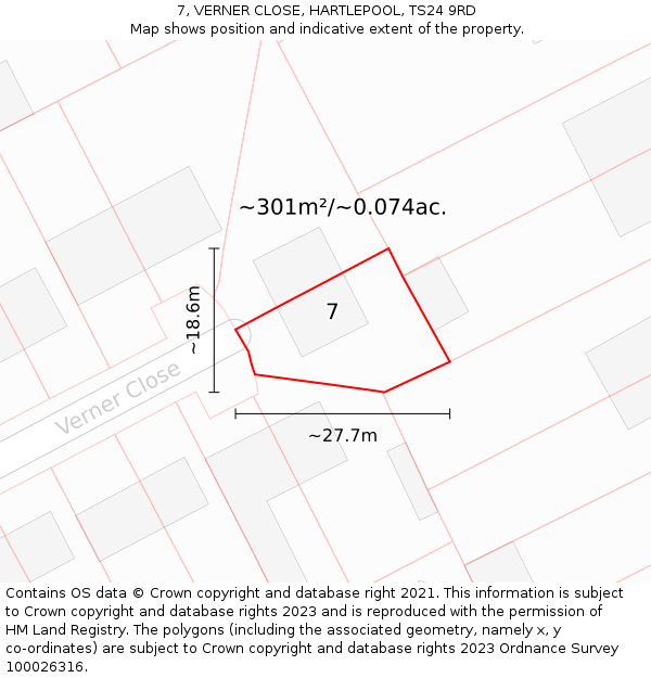 7, VERNER CLOSE, HARTLEPOOL, TS24 9RD: Plot and title map