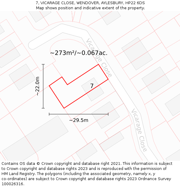 7, VICARAGE CLOSE, WENDOVER, AYLESBURY, HP22 6DS: Plot and title map