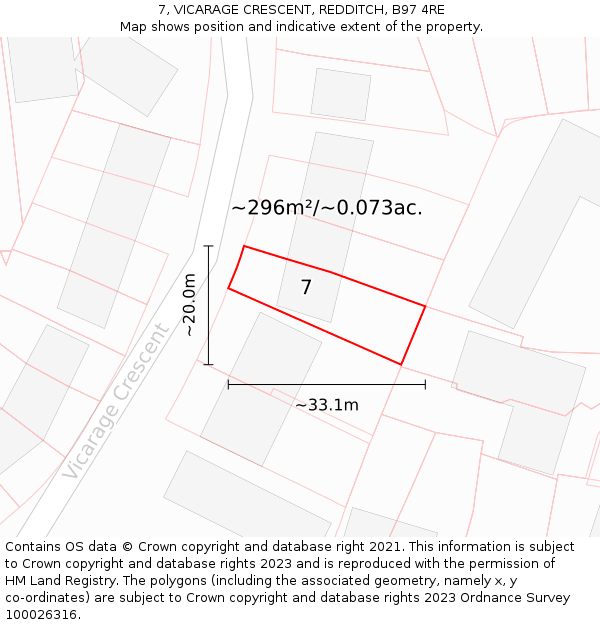 7, VICARAGE CRESCENT, REDDITCH, B97 4RE: Plot and title map