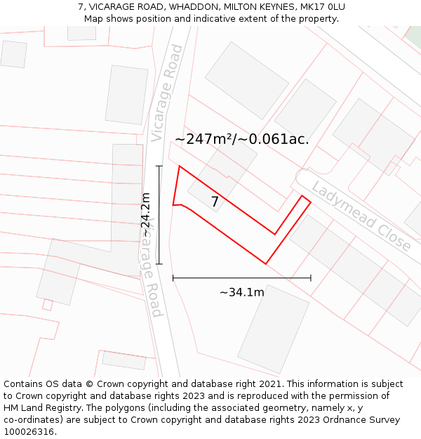 7, VICARAGE ROAD, WHADDON, MILTON KEYNES, MK17 0LU: Plot and title map