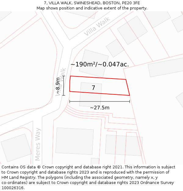 7, VILLA WALK, SWINESHEAD, BOSTON, PE20 3FE: Plot and title map