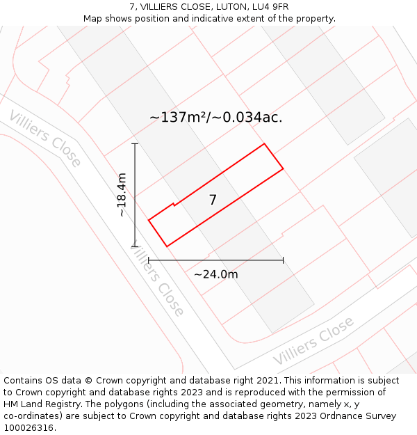 7, VILLIERS CLOSE, LUTON, LU4 9FR: Plot and title map