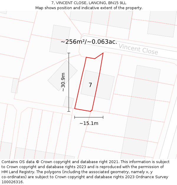 7, VINCENT CLOSE, LANCING, BN15 9LL: Plot and title map