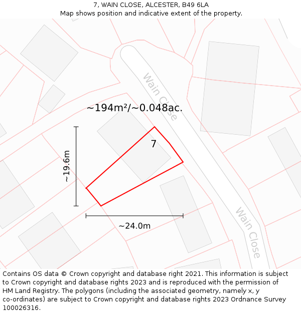 7, WAIN CLOSE, ALCESTER, B49 6LA: Plot and title map