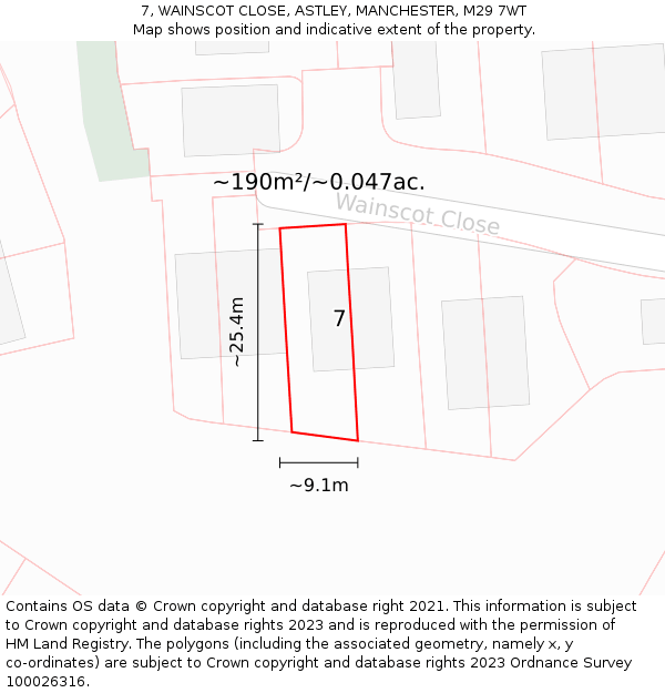 7, WAINSCOT CLOSE, ASTLEY, MANCHESTER, M29 7WT: Plot and title map