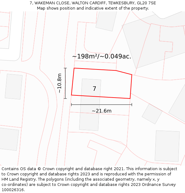 7, WAKEMAN CLOSE, WALTON CARDIFF, TEWKESBURY, GL20 7SE: Plot and title map