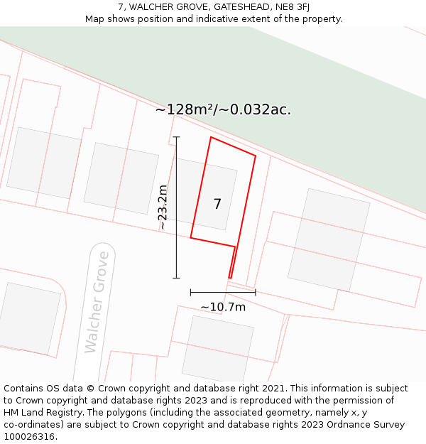 7, WALCHER GROVE, GATESHEAD, NE8 3FJ: Plot and title map